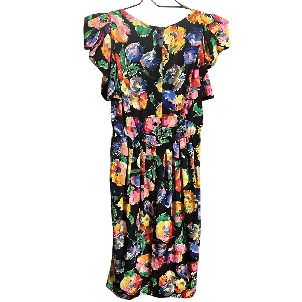 Puff Sleeve 80s Mini Dress M 6-8 Black Bright Floral Flowy Pleated VTG